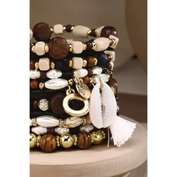 Brown 10 Layered Bohemian Stack Stretch Bracelet Set w/ Charms Cowrie Tassel - Picture 4 of 4